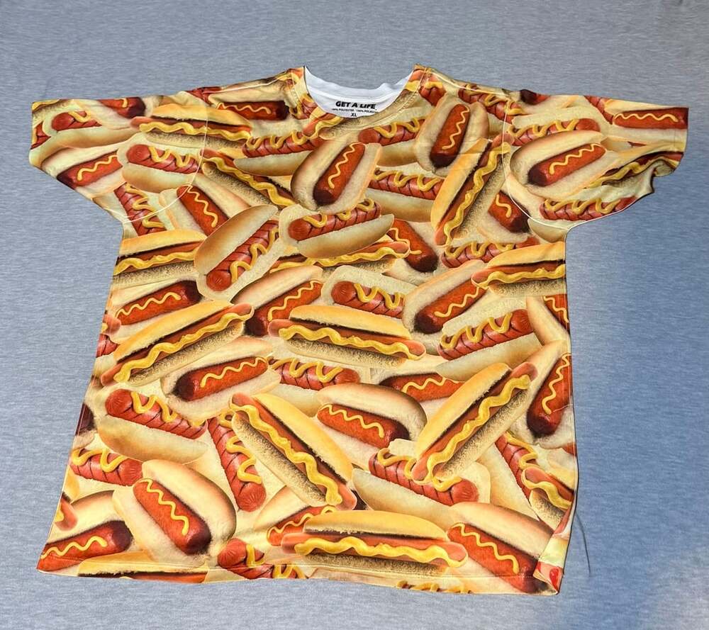 Get A Life All-Over Hot Dog Print Polyester T-Shirt XL
